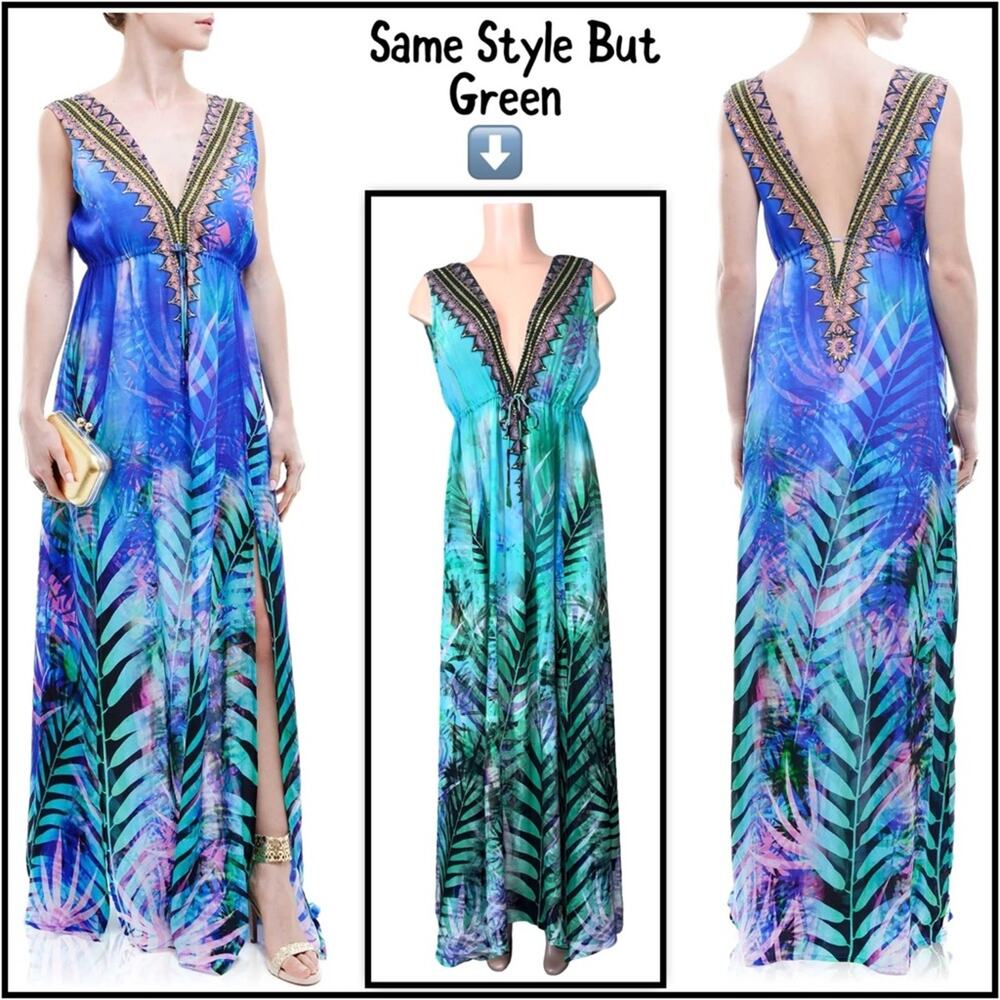 SHAHIDA PARIDES QUEEN PALM PRINT AQUA GREEN MAXI DRESS SZ M/L $419